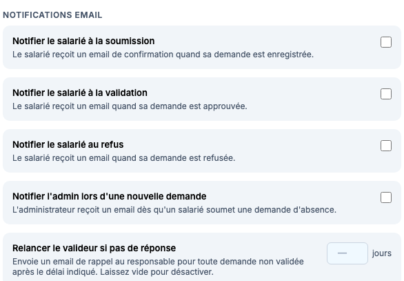 Paramètres de notifications email automatiques