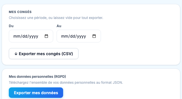 Export des congés en CSV et export RGPD des données personnelles