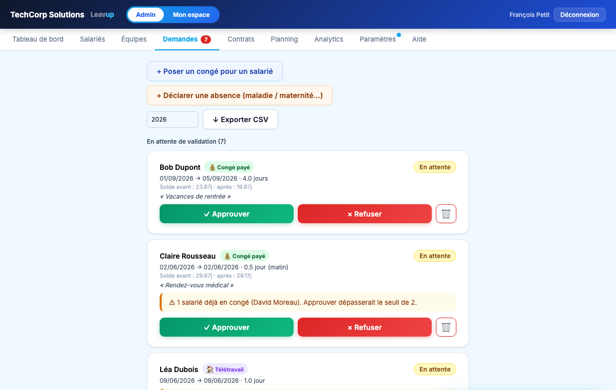 Validation des demandes de congés par l'administrateur